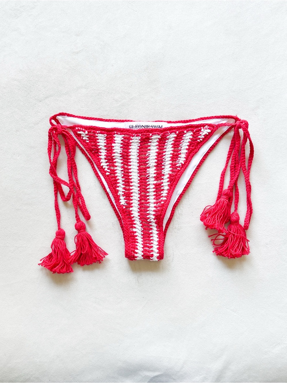 Cleonie Striped Red & White Crochet Tie-Side Bikini Bottoms - Large